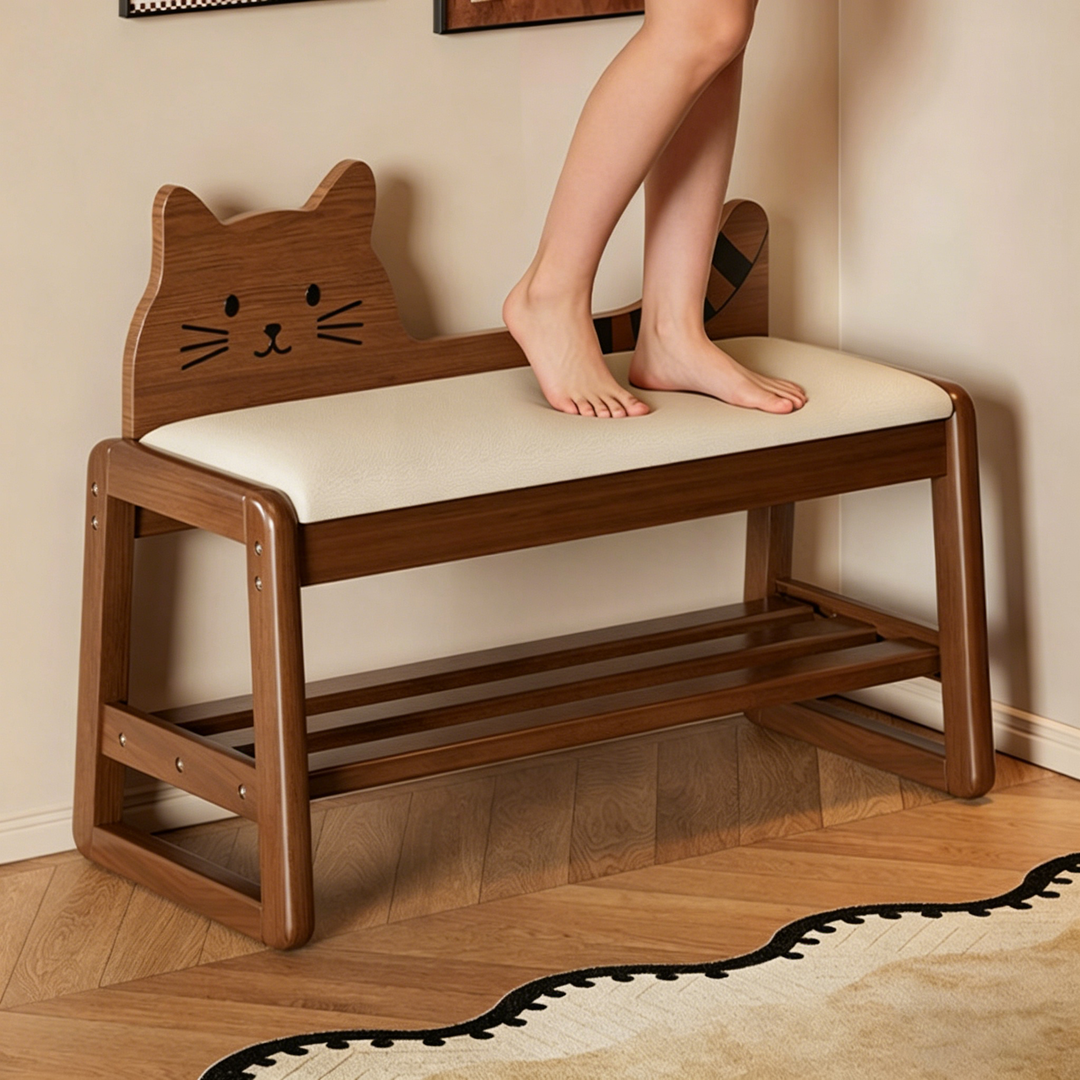 Modern Minimalist PU Leather Rubberwood MDF Foam Sponge Cat Shaped Space-Saving Rectangular Shoe Bench For Entryway