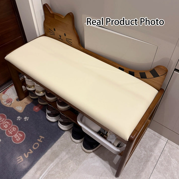 Modern Minimalist PU Leather Rubberwood MDF Foam Sponge Cat Shaped Space-Saving Rectangular Shoe Bench For Entryway