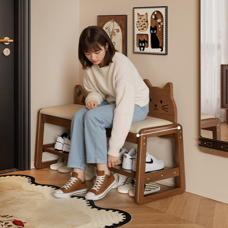 Modern Minimalist PU Leather Rubberwood MDF Foam Sponge Cat Shaped Space-Saving Rectangular Shoe Bench For Entryway