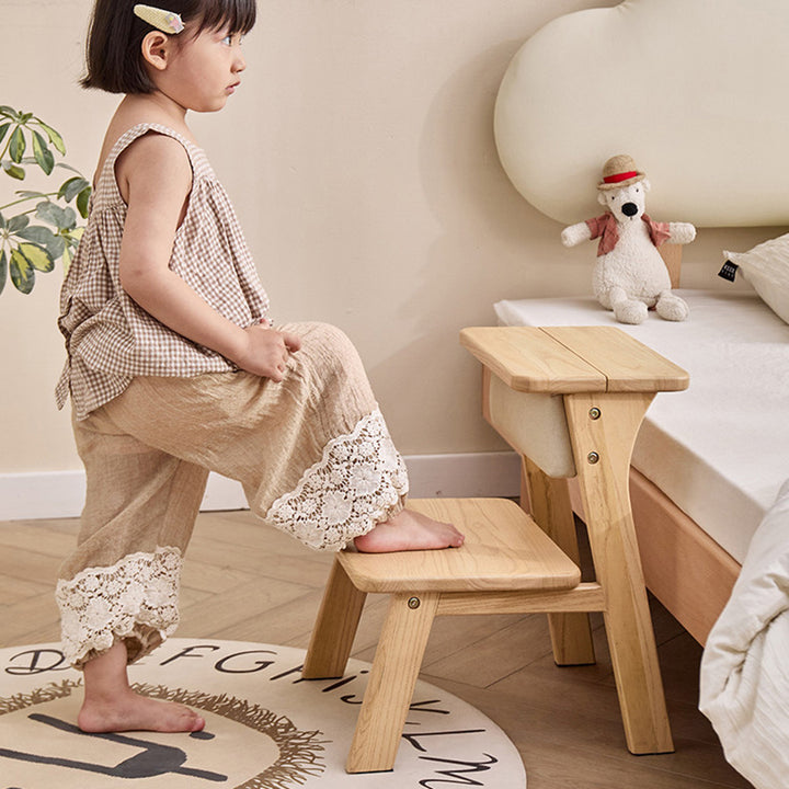 Modern Minimalist Ash Wood &amp; Rubberwood Foam Sponge Highly Practical Kids Backrest Armless 2-Tier Low Stool For Living Room