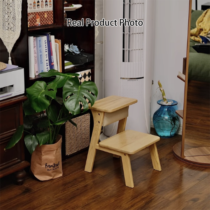 Modern Minimalist Ash Wood &amp; Rubberwood Foam Sponge Highly Practical Kids Backrest Armless 2-Tier Low Stool For Living Room
