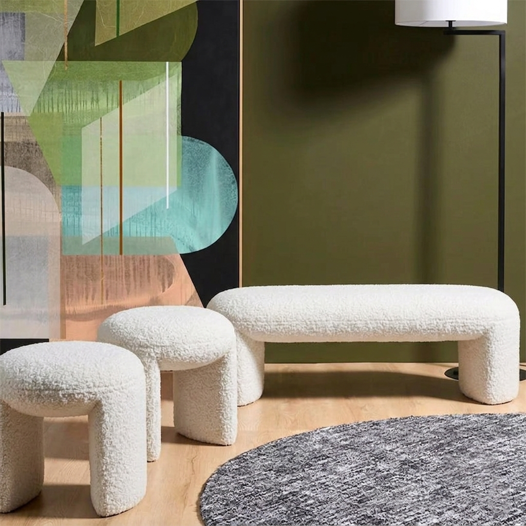 Contemporary Nordic Pine Wood Sherpa Fabric Foam Sponge Decorative With Rounded Silhouette Backless Armless Bench For Entryways