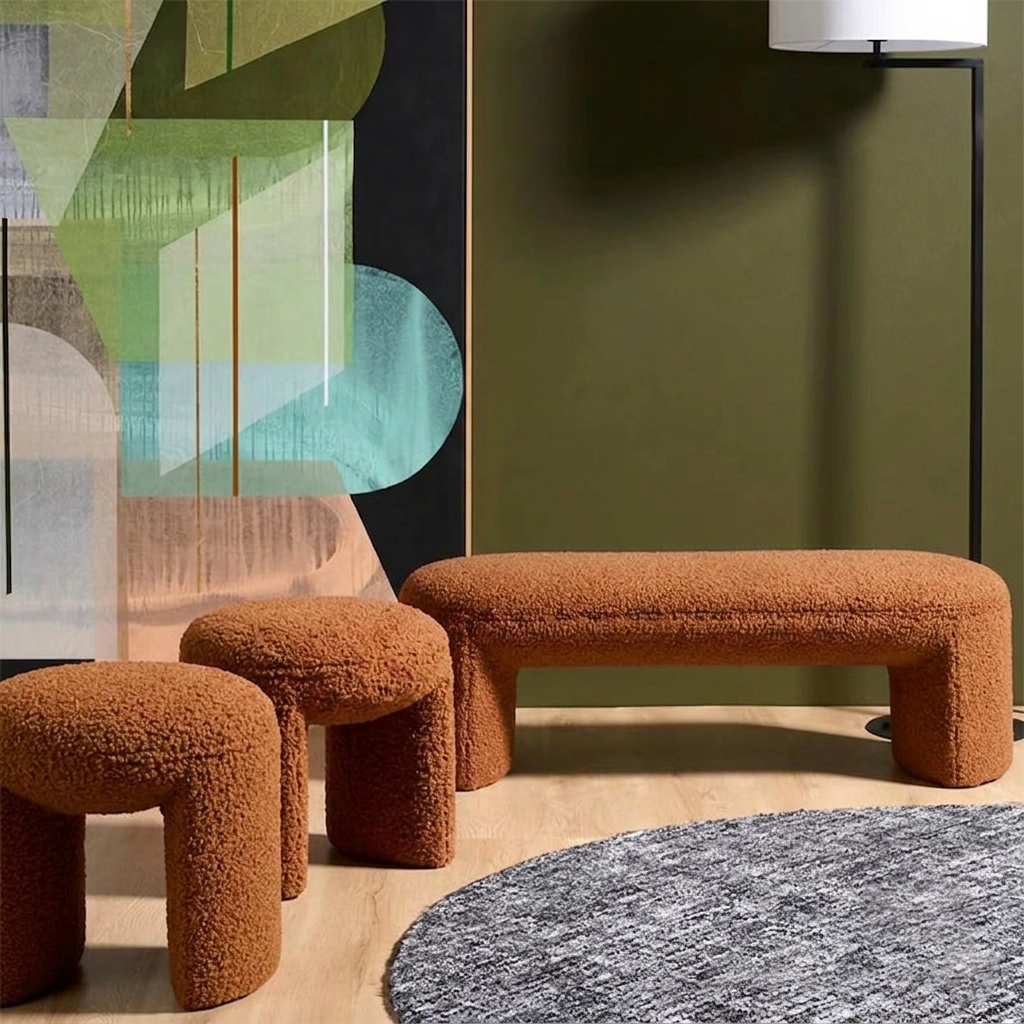 Contemporary Nordic Pine Wood Sherpa Fabric Foam Sponge Decorative With Rounded Silhouette Backless Armless Bench For Entryways