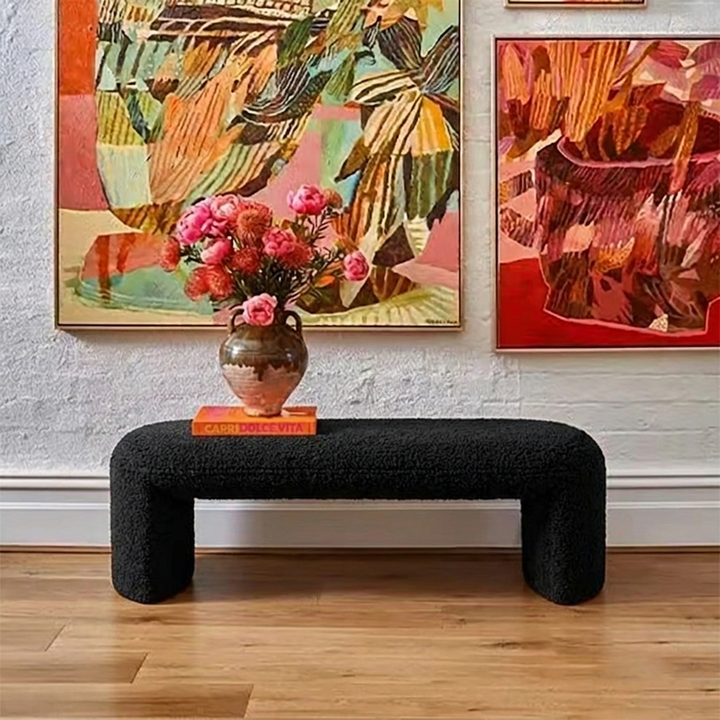 Contemporary Nordic Pine Wood Sherpa Fabric Foam Sponge Decorative With Rounded Silhouette Backless Armless Bench For Entryways