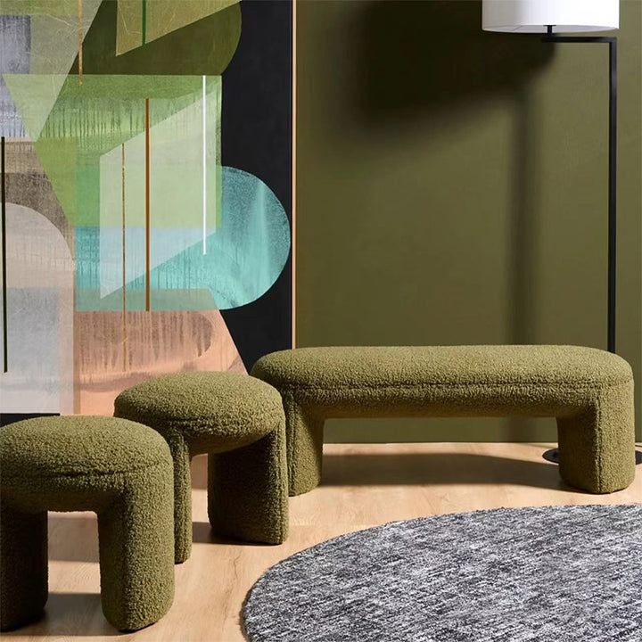Contemporary Nordic Pine Wood Sherpa Fabric Foam Sponge Decorative With Rounded Silhouette Backless Armless Bench For Entryways