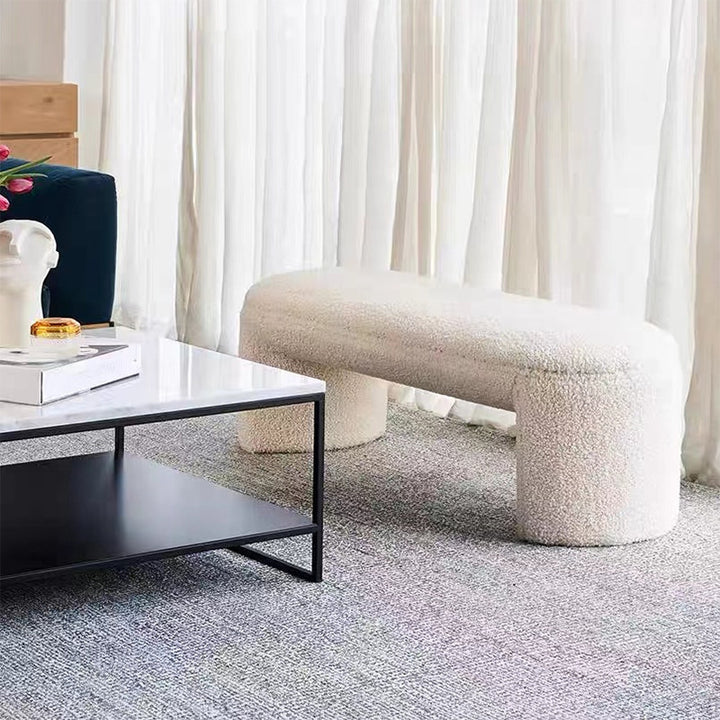 Contemporary Nordic Pine Wood Sherpa Fabric Foam Sponge Decorative With Rounded Silhouette Backless Armless Bench For Entryways