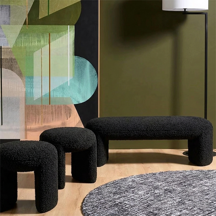 Contemporary Nordic Pine Wood Sherpa Fabric Foam Sponge Decorative With Rounded Silhouette Backless Armless Bench For Entryways