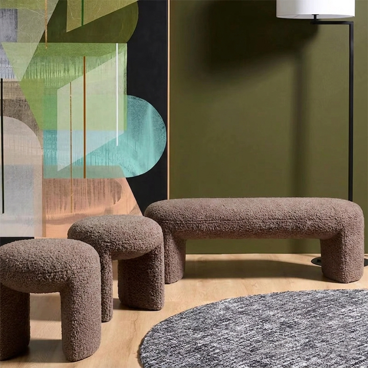 Contemporary Nordic Pine Wood Sherpa Fabric Foam Sponge Decorative With Rounded Silhouette Backless Armless Bench For Entryways
