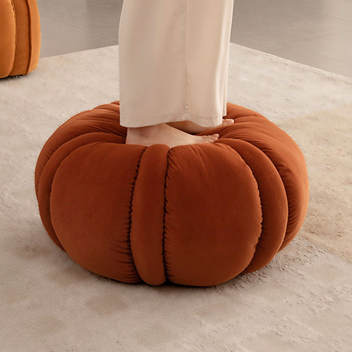 Modern Minimalist Matte Velvet Pine Wood Foam Sponge Decorative Plush Pumpkin-Shaped Backless Armless Low Stool For Living Room &amp; Entryway