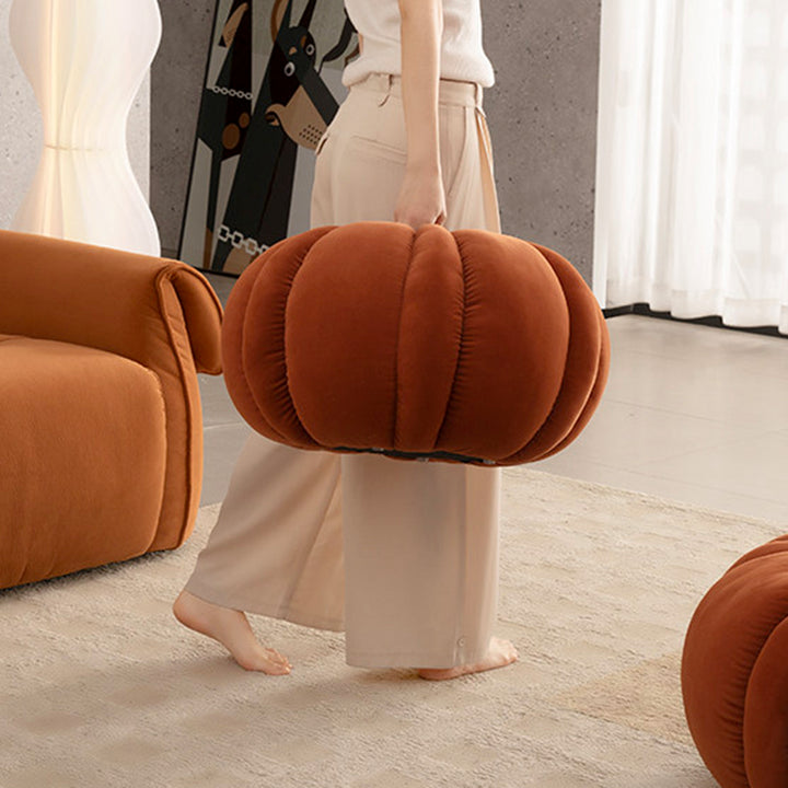 Modern Minimalist Matte Velvet Pine Wood Foam Sponge Decorative Plush Pumpkin-Shaped Backless Armless Low Stool For Living Room &amp; Entryway