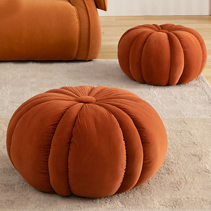 Modern Minimalist Matte Velvet Pine Wood Foam Sponge Decorative Plush Pumpkin-Shaped Backless Armless Low Stool For Living Room &amp; Entryway