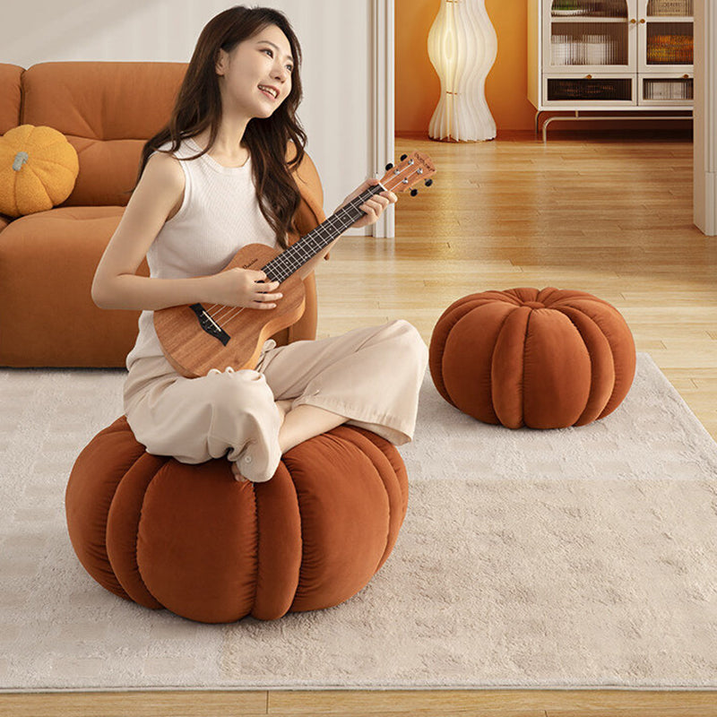 Modern Minimalist Matte Velvet Pine Wood Foam Sponge Decorative Plush Pumpkin-Shaped Backless Armless Low Stool For Living Room &amp; Entryway