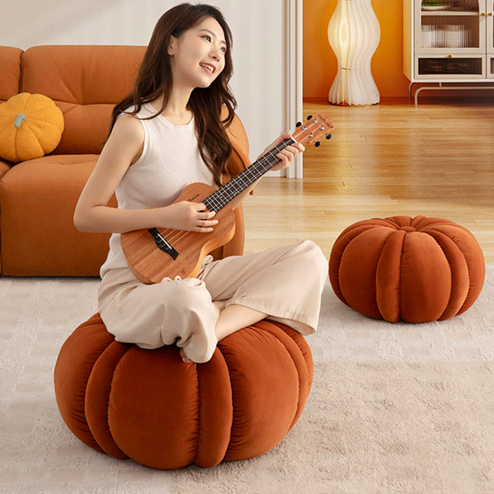 Modern Minimalist Matte Velvet Pine Wood Foam Sponge Decorative Plush Pumpkin-Shaped Backless Armless Low Stool For Living Room &amp; Entryway