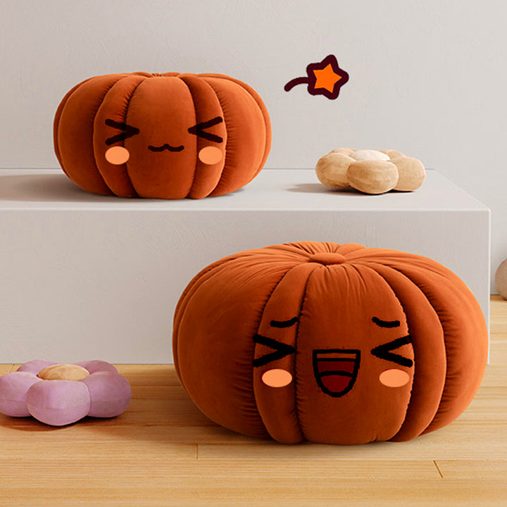 Modern Minimalist Matte Velvet Pine Wood Foam Sponge Decorative Plush Pumpkin-Shaped Backless Armless Low Stool For Living Room &amp; Entryway