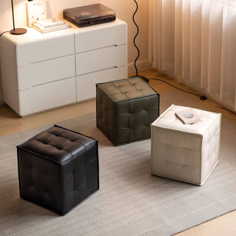 Modern Minimalist Top Grain Leather Pine Wood Foam Sponge PVC Space-Saving Highly Practical Versatile Cube Square Ottoman Backless Armless Vanity Stool For Bedroom
