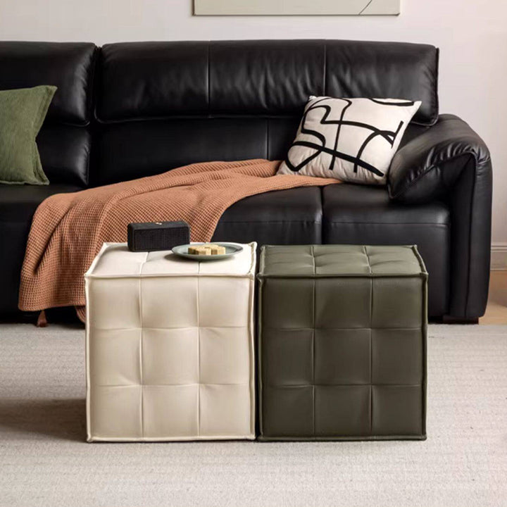 Modern Minimalist Top Grain Leather Pine Wood Foam Sponge PVC Space-Saving Highly Practical Versatile Cube Square Ottoman Backless Armless Vanity Stool For Bedroom