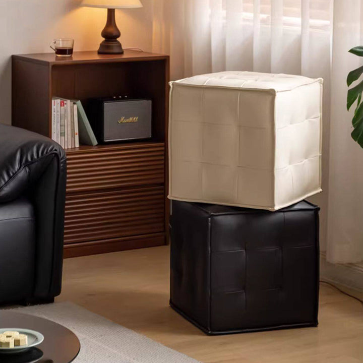 Modern Minimalist Top Grain Leather Pine Wood Foam Sponge PVC Space-Saving Highly Practical Versatile Cube Square Ottoman Backless Armless Vanity Stool For Bedroom