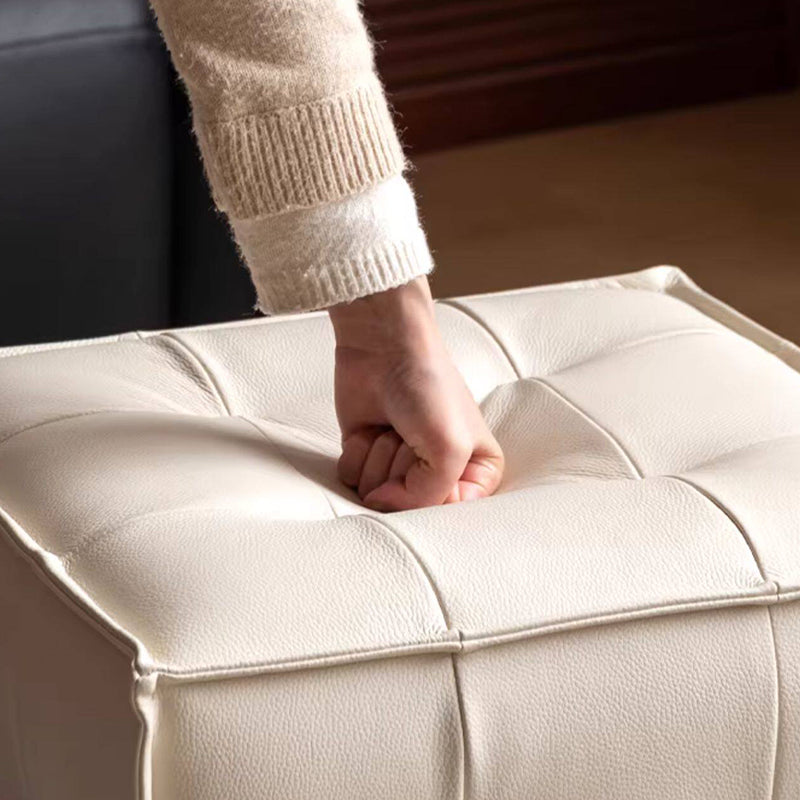 Modern Minimalist Top Grain Leather Pine Wood Foam Sponge PVC Space-Saving Highly Practical Versatile Cube Square Ottoman Backless Armless Vanity Stool For Bedroom