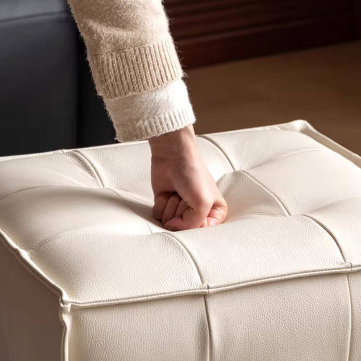 Modern Minimalist Top Grain Leather Pine Wood Foam Sponge PVC Space-Saving Highly Practical Versatile Cube Square Ottoman Backless Armless Vanity Stool For Bedroom
