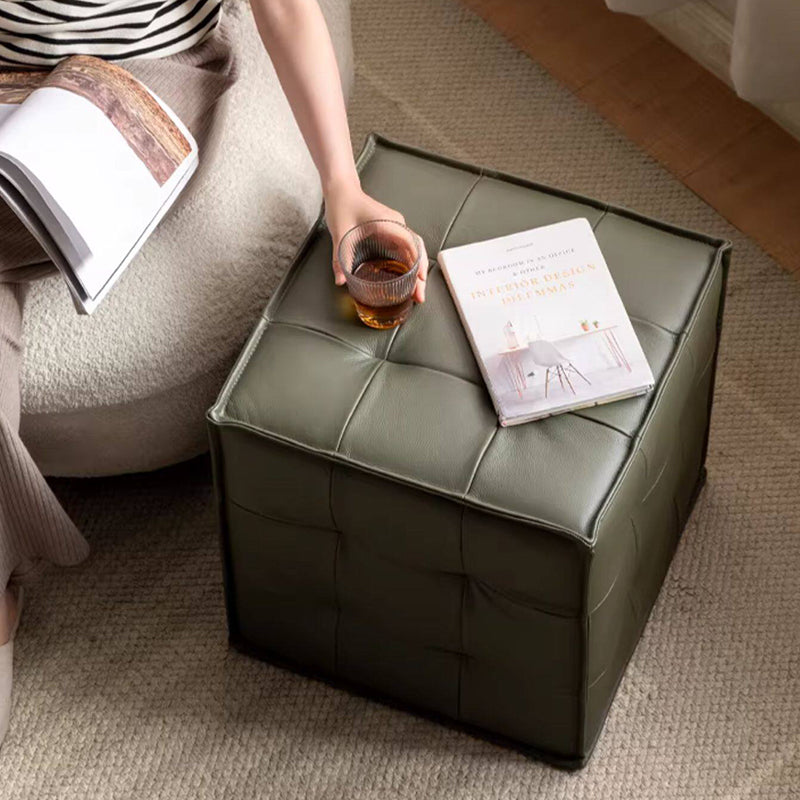 Modern Minimalist Top Grain Leather Pine Wood Foam Sponge PVC Space-Saving Highly Practical Versatile Cube Square Ottoman Backless Armless Vanity Stool For Bedroom
