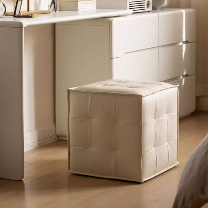 Modern Minimalist Top Grain Leather Pine Wood Foam Sponge PVC Space-Saving Highly Practical Versatile Cube Square Ottoman Backless Armless Vanity Stool For Bedroom