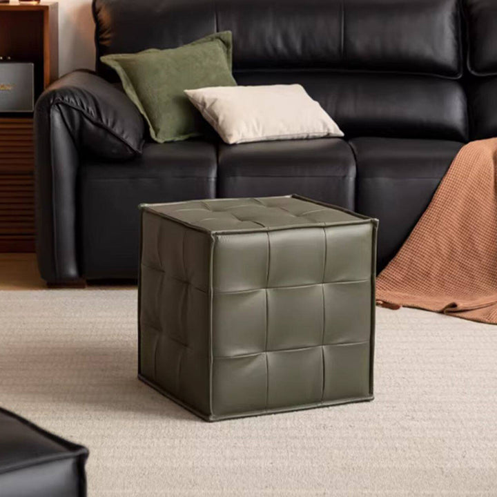 Modern Minimalist Top Grain Leather Pine Wood Foam Sponge PVC Space-Saving Highly Practical Versatile Cube Square Ottoman Backless Armless Vanity Stool For Bedroom