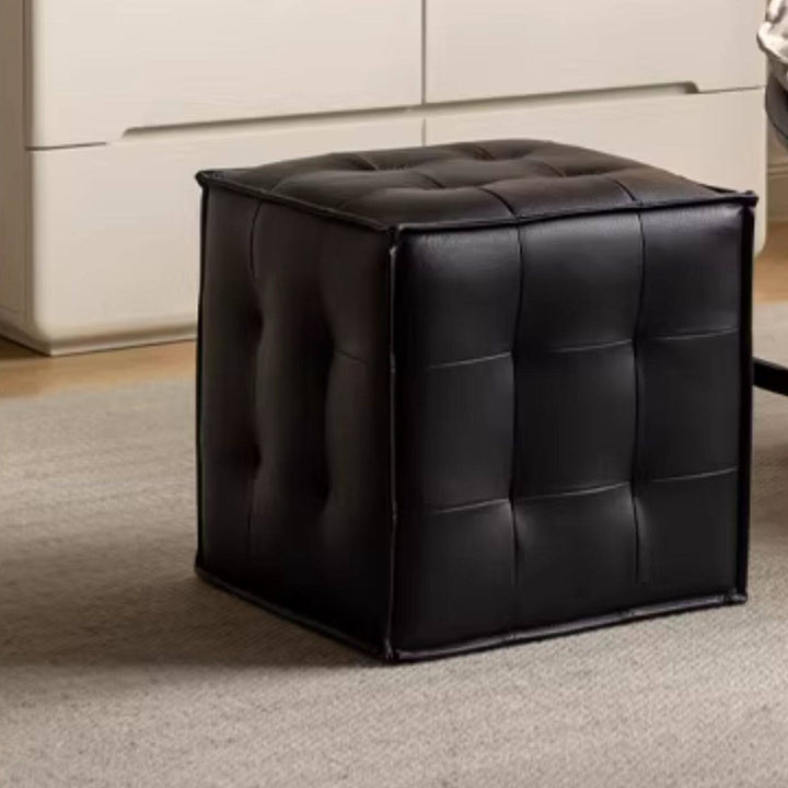 Modern Minimalist Top Grain Leather Pine Wood Foam Sponge PVC Space-Saving Highly Practical Versatile Cube Square Ottoman Backless Armless Vanity Stool For Bedroom