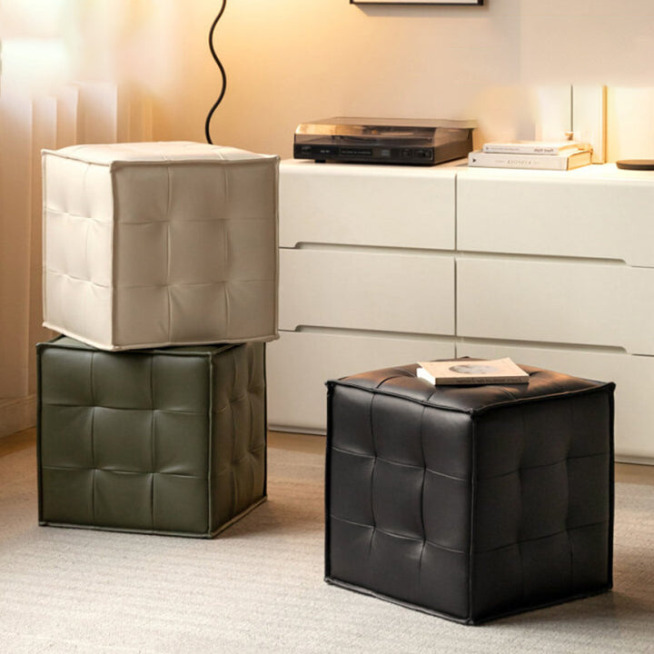 Modern Minimalist Top Grain Leather Pine Wood Foam Sponge PVC Space-Saving Highly Practical Versatile Cube Square Ottoman Backless Armless Vanity Stool For Bedroom