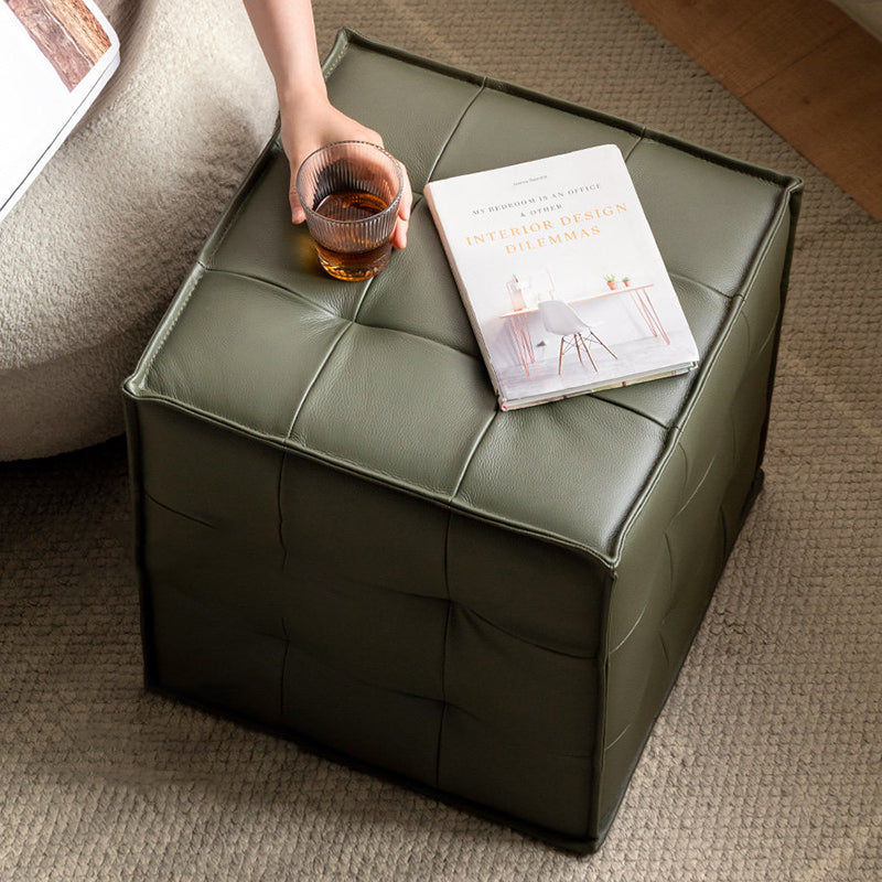 Modern Minimalist Top Grain Leather Pine Wood Foam Sponge PVC Space-Saving Highly Practical Versatile Cube Square Ottoman Backless Armless Vanity Stool For Bedroom