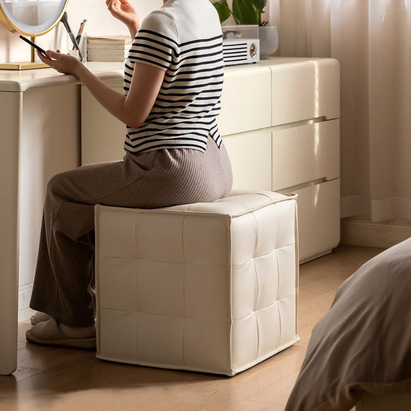 Modern Minimalist Top Grain Leather Pine Wood Foam Sponge PVC Space-Saving Highly Practical Versatile Cube Square Ottoman Backless Armless Vanity Stool For Bedroom