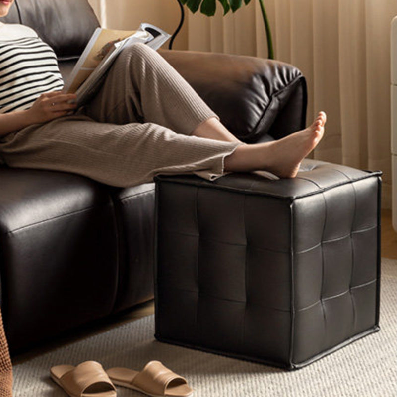 Modern Minimalist Top Grain Leather Pine Wood Foam Sponge PVC Space-Saving Highly Practical Versatile Cube Square Ottoman Backless Armless Vanity Stool For Bedroom