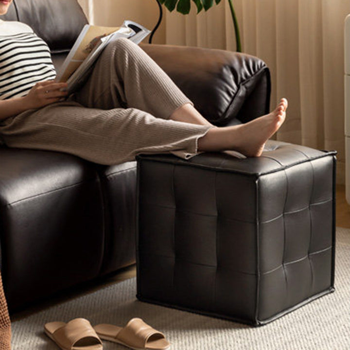 Modern Minimalist Top Grain Leather Pine Wood Foam Sponge PVC Space-Saving Highly Practical Versatile Cube Square Ottoman Backless Armless Vanity Stool For Bedroom