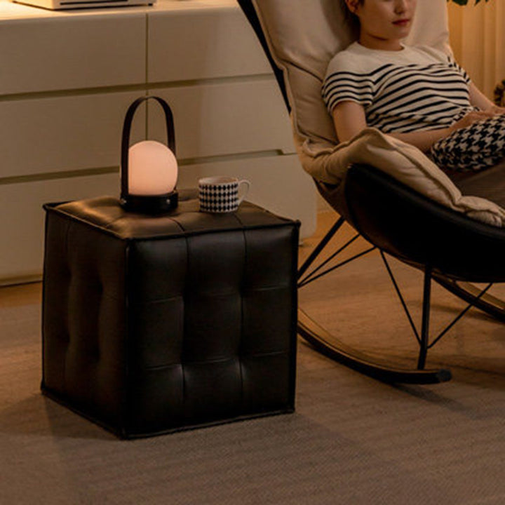 Modern Minimalist Top Grain Leather Pine Wood Foam Sponge PVC Space-Saving Highly Practical Versatile Cube Square Ottoman Backless Armless Vanity Stool For Bedroom