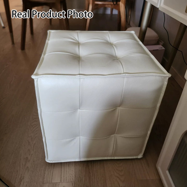 Modern Minimalist Top Grain Leather Pine Wood Foam Sponge PVC Space-Saving Highly Practical Versatile Cube Square Ottoman Backless Armless Vanity Stool For Bedroom