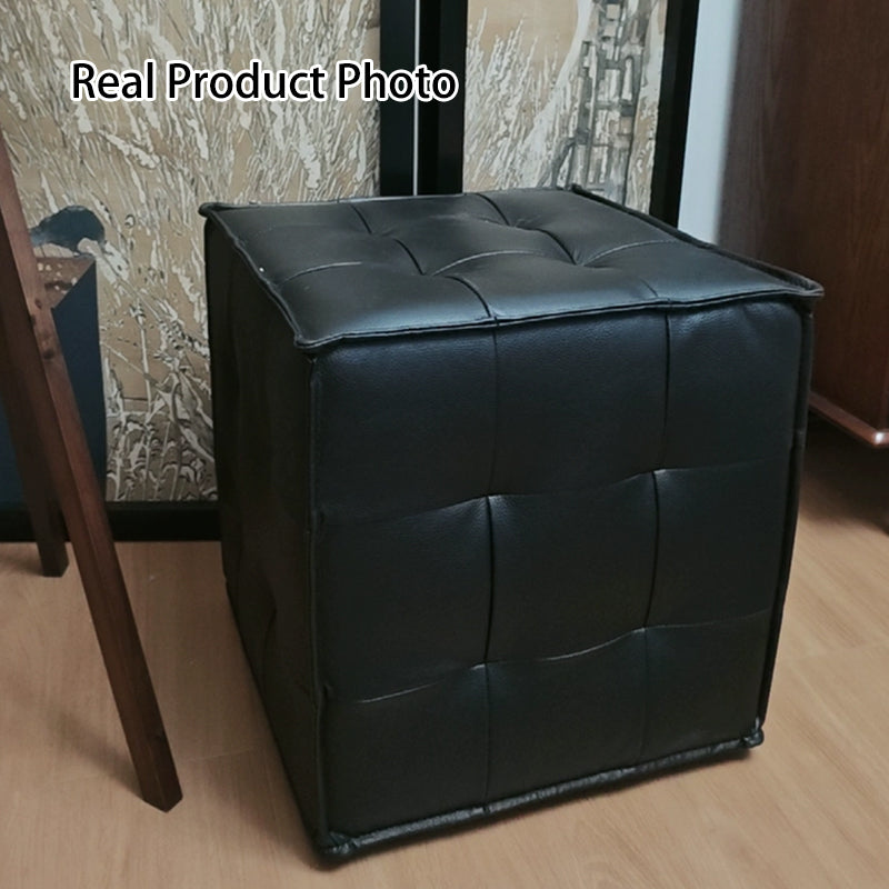 Modern Minimalist Top Grain Leather Pine Wood Foam Sponge PVC Space-Saving Highly Practical Versatile Cube Square Ottoman Backless Armless Vanity Stool For Bedroom
