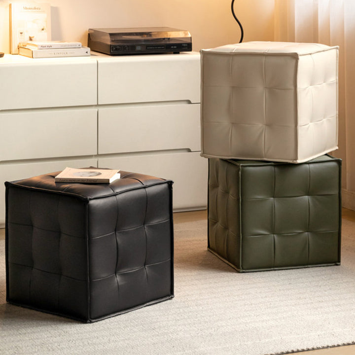 Modern Minimalist Top Grain Leather Pine Wood Foam Sponge PVC Space-Saving Highly Practical Versatile Cube Square Ottoman Backless Armless Vanity Stool For Bedroom