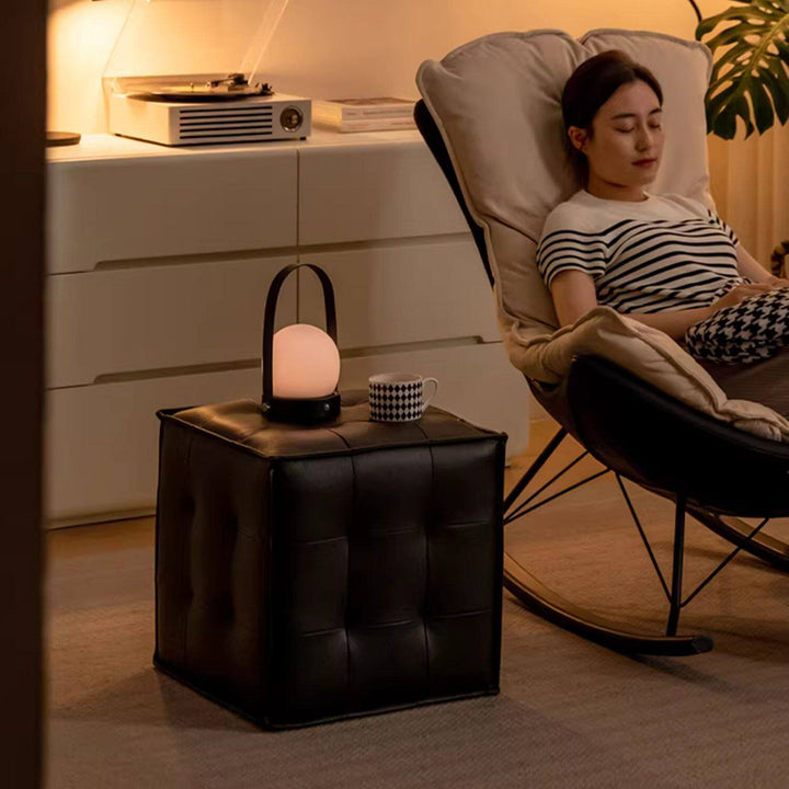 Modern Minimalist Top Grain Leather Pine Wood Foam Sponge PVC Space-Saving Highly Practical Versatile Cube Square Ottoman Backless Armless Vanity Stool For Bedroom