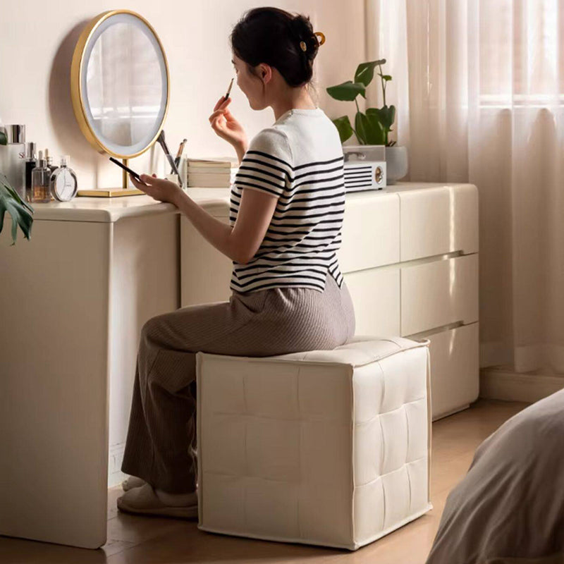 Modern Minimalist Top Grain Leather Pine Wood Foam Sponge PVC Space-Saving Highly Practical Versatile Cube Square Ottoman Backless Armless Vanity Stool For Bedroom