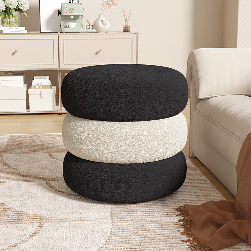 Modern Minimalist Sherpa Fabric Pine Wood Foam Sponge Upholstered Round With Thick Cushioned Seat Decorative Vanity Stool For Bedroom
