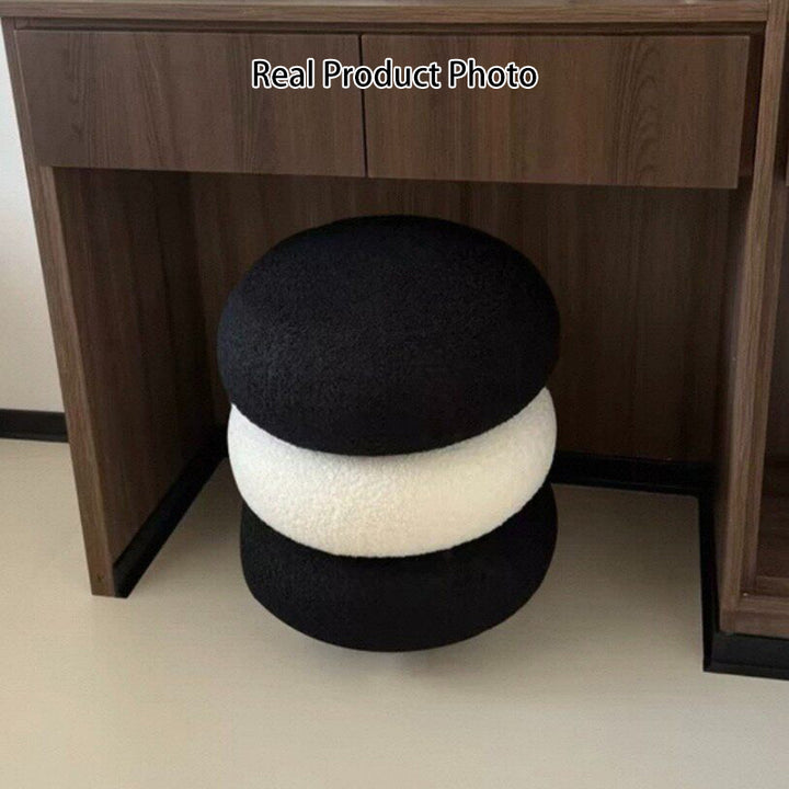 Modern Minimalist Sherpa Fabric Pine Wood Foam Sponge Upholstered Round With Thick Cushioned Seat Decorative Vanity Stool For Bedroom