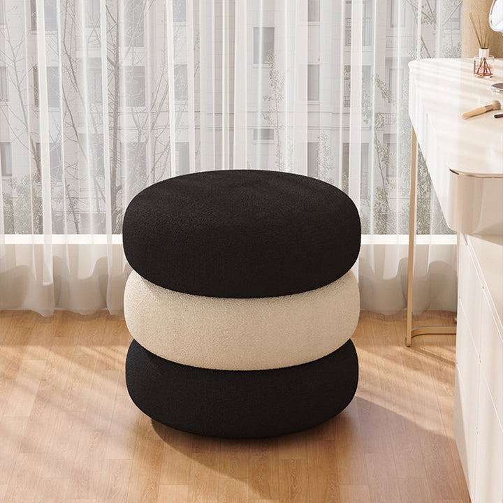 Modern Minimalist Sherpa Fabric Pine Wood Foam Sponge Upholstered Round With Thick Cushioned Seat Decorative Vanity Stool For Bedroom