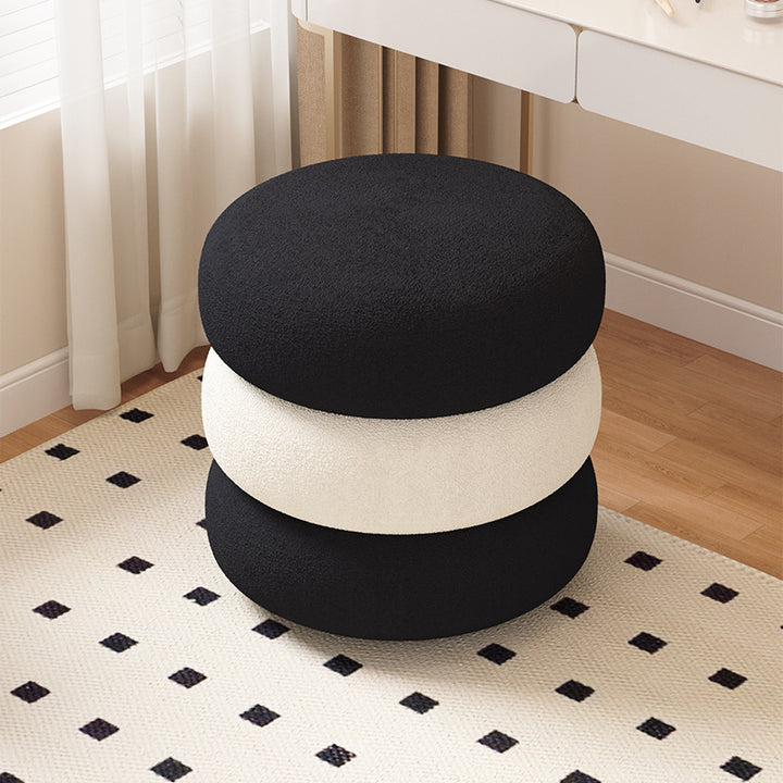 Modern Minimalist Sherpa Fabric Pine Wood Foam Sponge Upholstered Round With Thick Cushioned Seat Decorative Vanity Stool For Bedroom