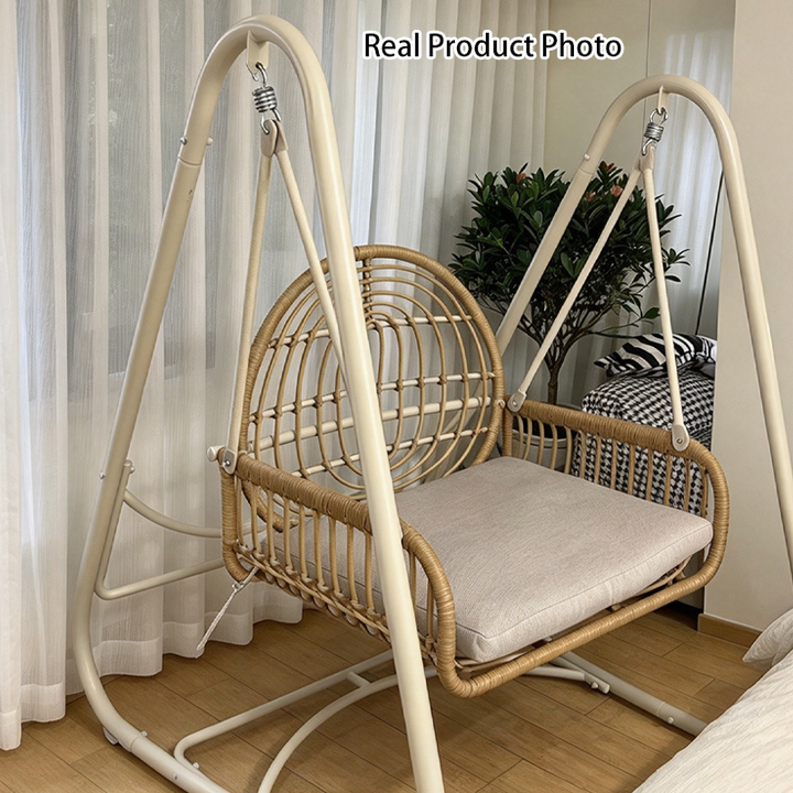 Modern Minimalist Faux Rattan Weaving Faux Leather Galvanized Tube Wicker Double Hanging Chair Decorative Basket Shaped Backrest Armrests For Outdoor Patio &amp; Garden