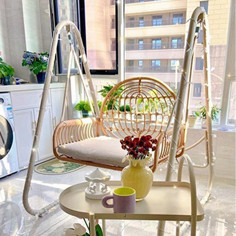 Modern Minimalist Faux Rattan Weaving Faux Leather Galvanized Tube Wicker Double Hanging Chair Decorative Basket Shaped Backrest Armrests For Outdoor Patio &amp; Garden
