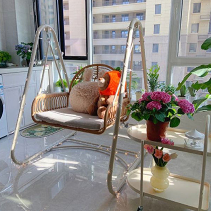 Modern Minimalist Faux Rattan Weaving Faux Leather Galvanized Tube Wicker Double Hanging Chair Decorative Basket Shaped Backrest Armrests For Outdoor Patio &amp; Garden