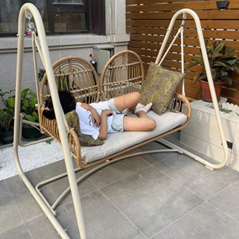 Modern Minimalist Faux Rattan Weaving Faux Leather Galvanized Tube Wicker Double Hanging Chair Decorative Basket Shaped Backrest Armrests For Outdoor Patio &amp; Garden