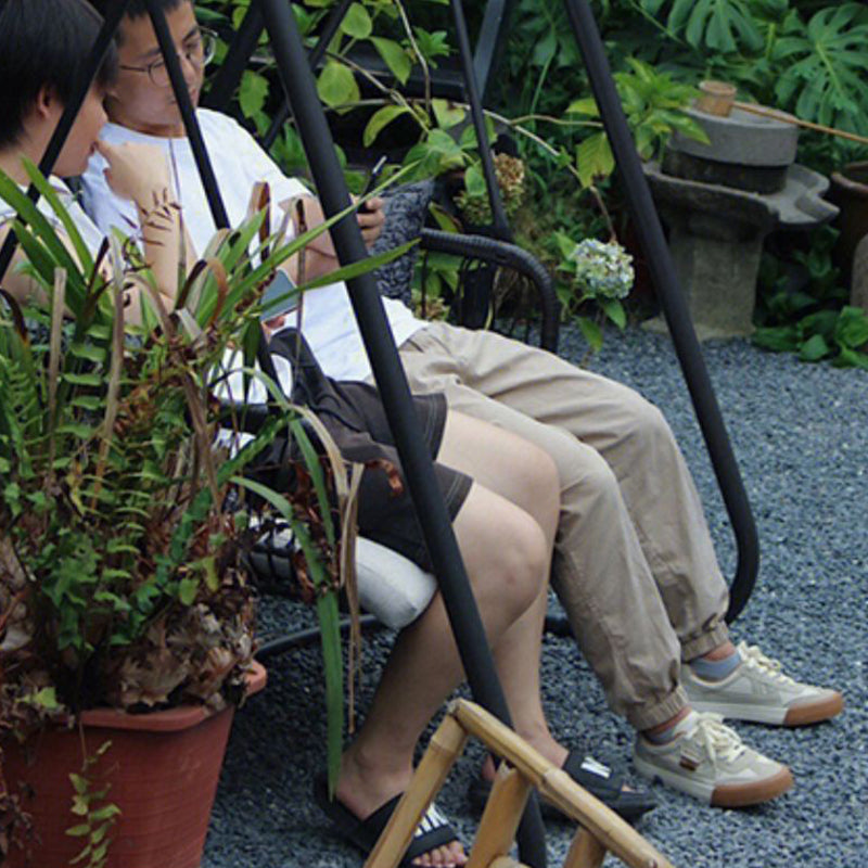 Modern Minimalist Faux Rattan Weaving Faux Leather Galvanized Tube Wicker Double Hanging Chair Decorative Basket Shaped Backrest Armrests For Outdoor Patio &amp; Garden