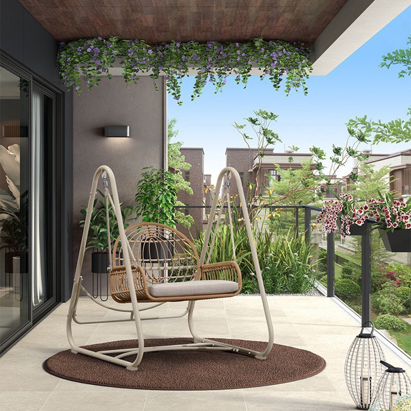 Modern Minimalist Faux Rattan Weaving Faux Leather Galvanized Tube Wicker Double Hanging Chair Decorative Basket Shaped Backrest Armrests For Outdoor Patio &amp; Garden