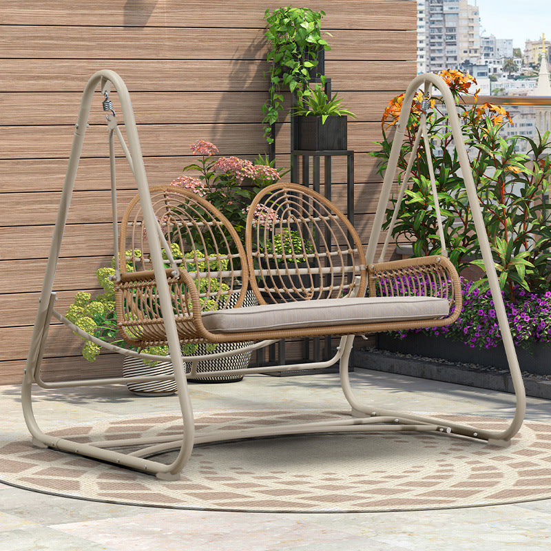 Modern Minimalist Faux Rattan Weaving Faux Leather Galvanized Tube Wicker Double Hanging Chair Decorative Basket Shaped Backrest Armrests For Outdoor Patio &amp; Garden