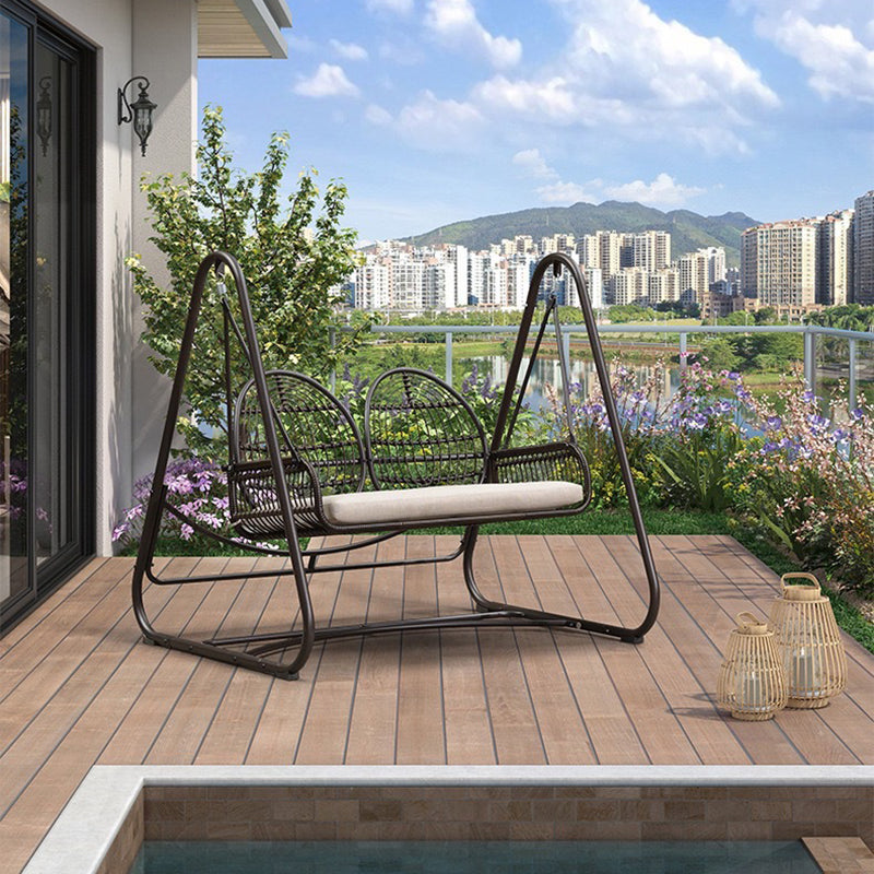Modern Minimalist Faux Rattan Weaving Faux Leather Galvanized Tube Wicker Double Hanging Chair Decorative Basket Shaped Backrest Armrests For Outdoor Patio &amp; Garden
